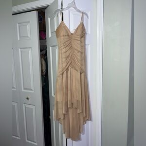 Y2K Gold Spaghetti Strap Shimmery Formal Prom Dress High Low Ruched Medium
